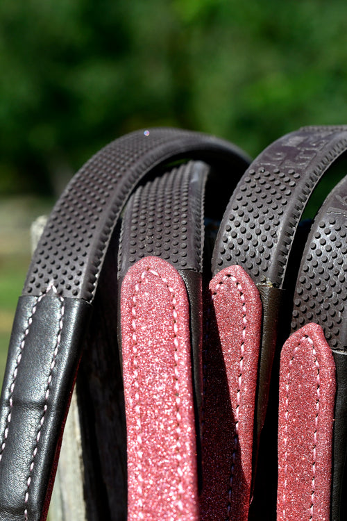Paire de rênes pailletées rose foncé - Cuir marron