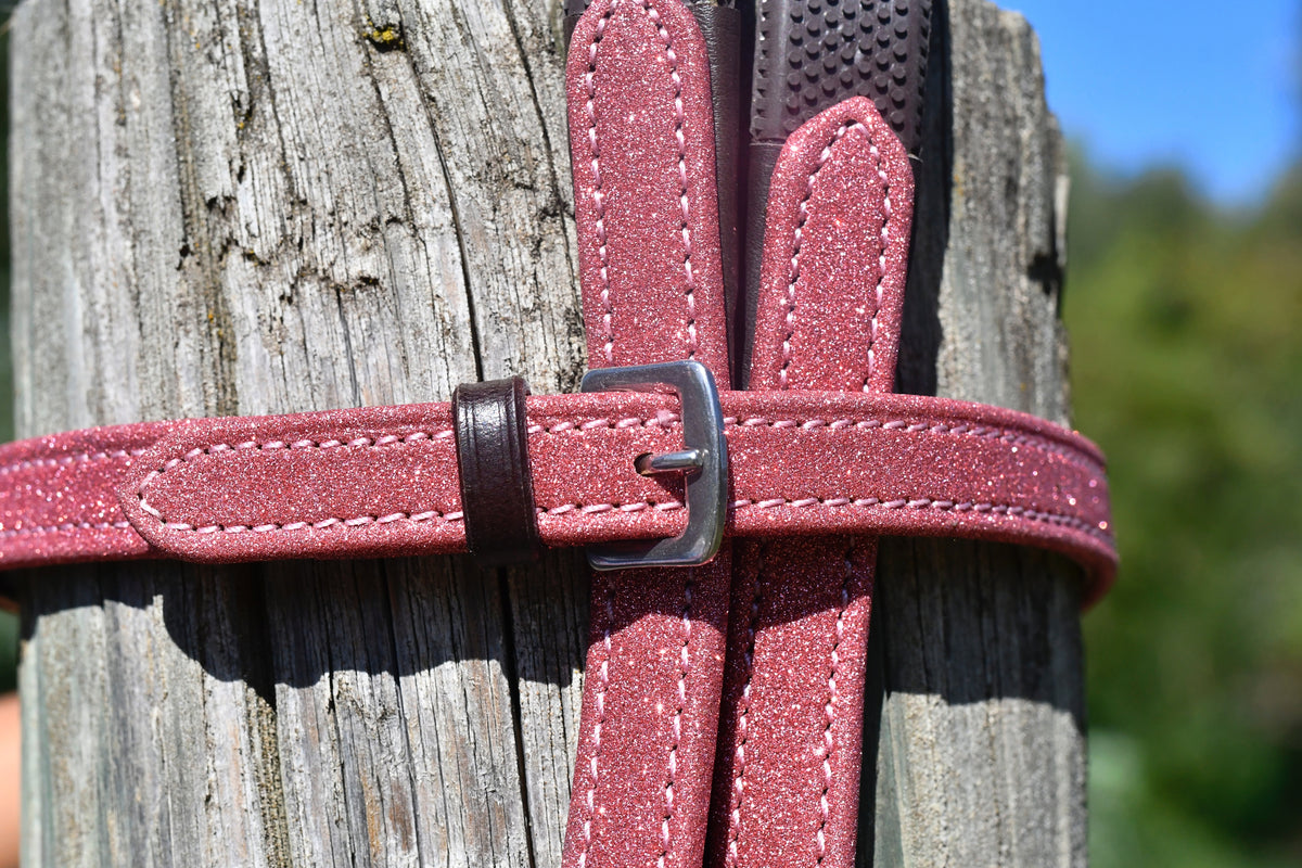 Paire de rênes pailletées rose foncé - Cuir marron
