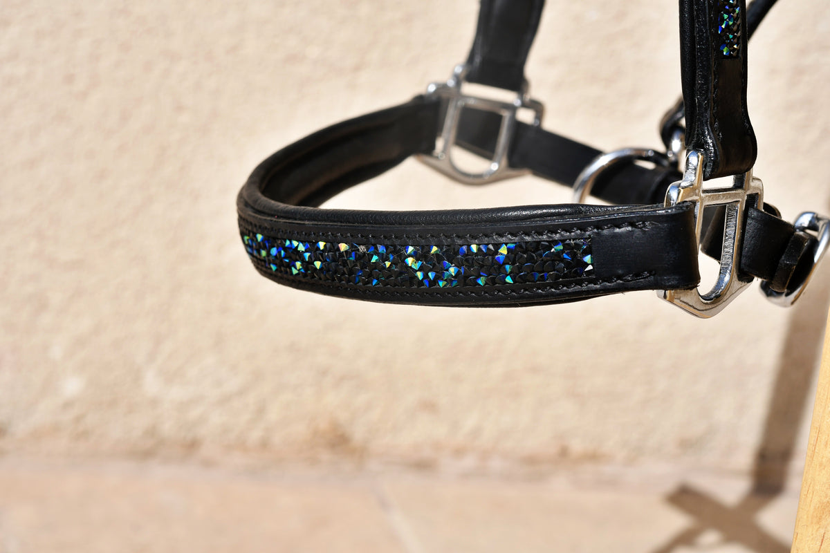 Licol en cuir noir et strass bleu - PRE-COMMANDE
